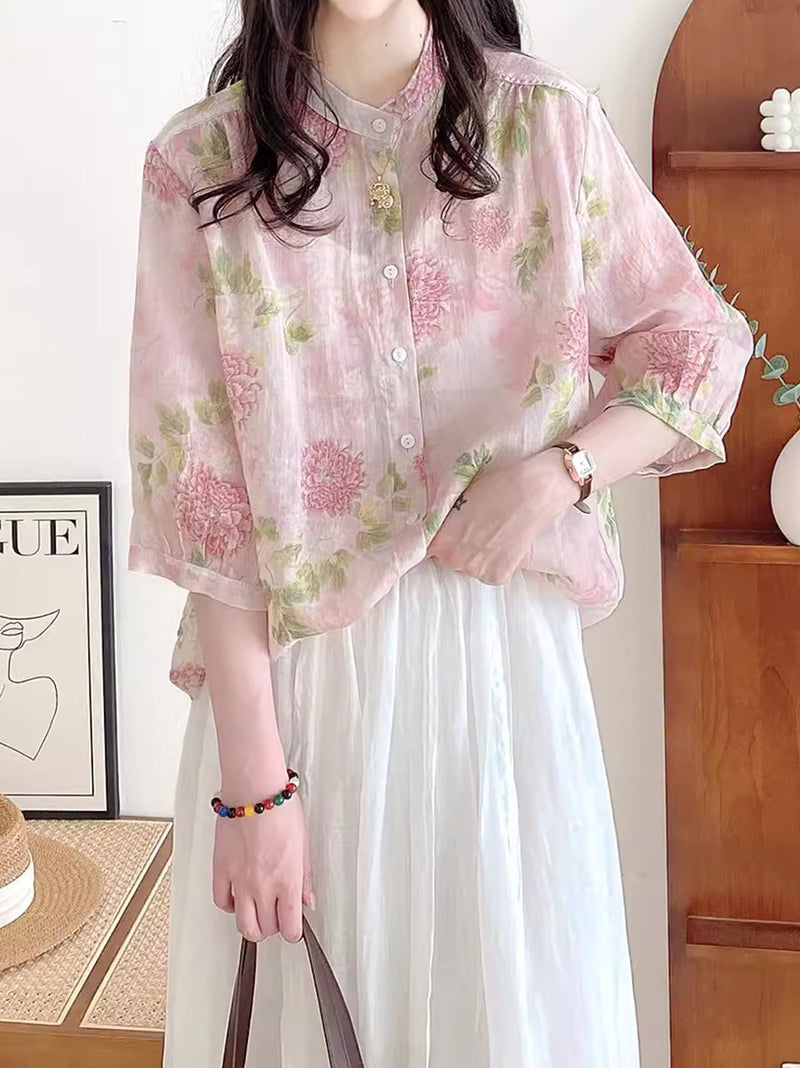 Summer Flower Ramie Button-up Shirt