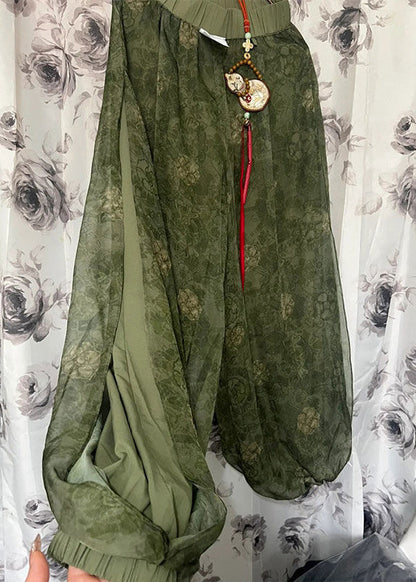 Green Print Elastic Waist Tulle Crop Pants
