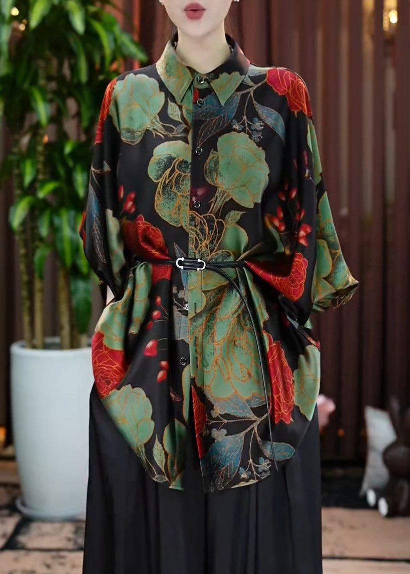 Green Peter Pan Collar Print Button Silk Shirt Fall