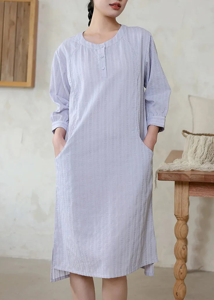 Original Loose Light Purple O Neck Cotton Dress Spring