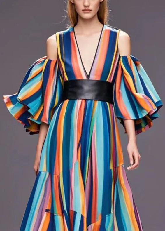 Rainbow Cold Shoulder Striped Cotton Cinched Dresses Fall