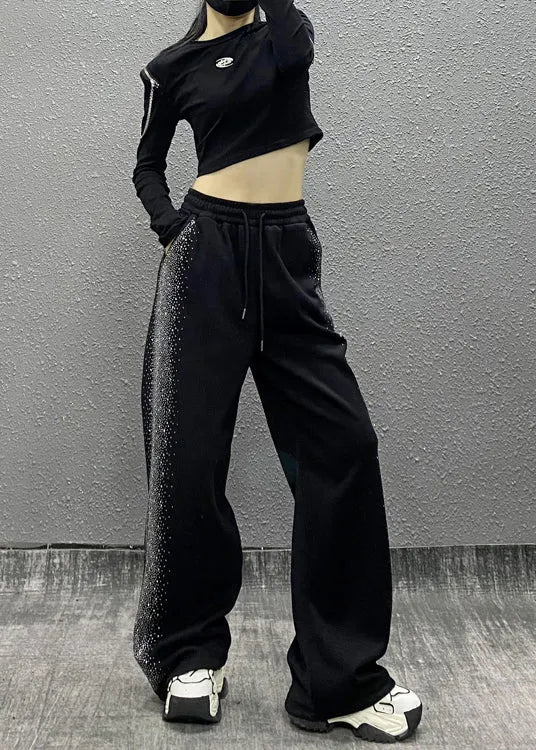 Black Pockets Zircon Elastic Waist Cotton Pants Fall