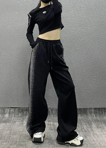 Black Pockets Zircon Elastic Waist Cotton Pants Fall