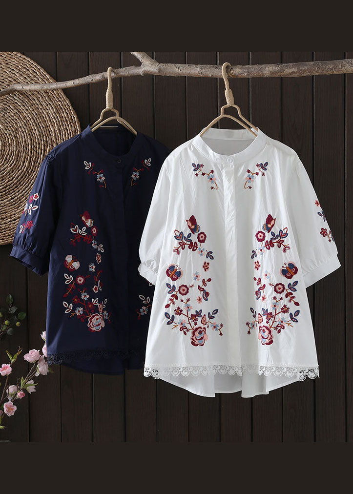 Navy Embroidered Low High Design Cotton Blouse Top Summer