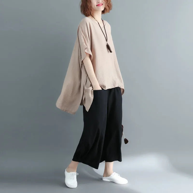 New Khaki Midi-length Cotton Linen T Shirt Loose Fitting Cardigans Short Sleeve O Neck Linen Blouses