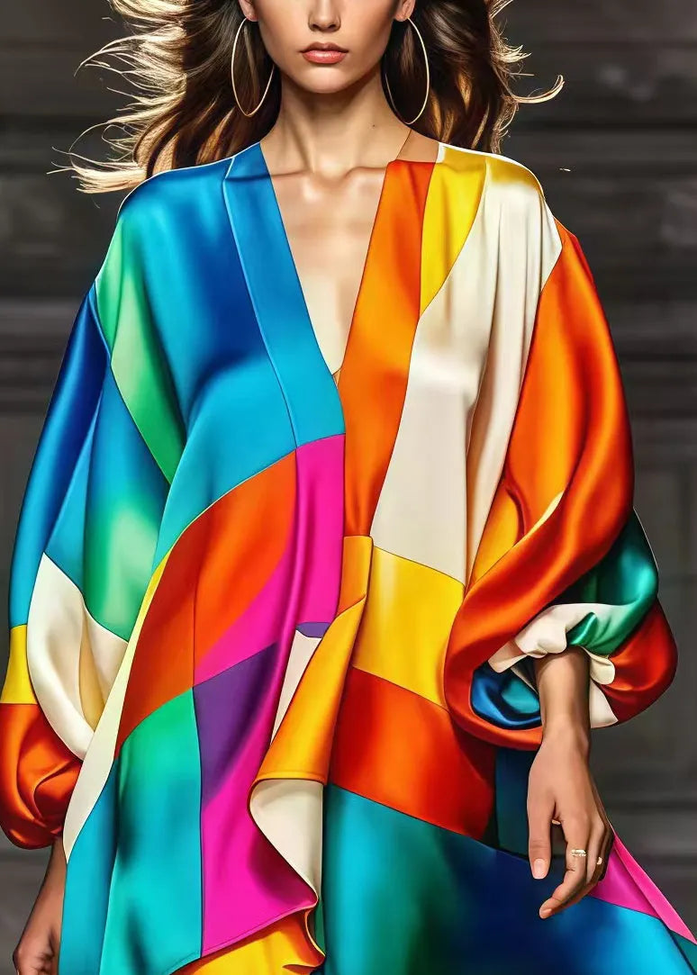 Rainbow Asymmetrical Patchwork Silk Party Dress Fall