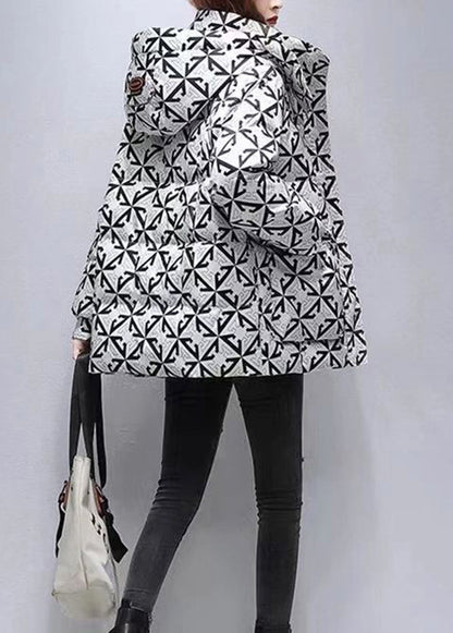 Black Hooded Print Fine Cotton Filled Coats Winter