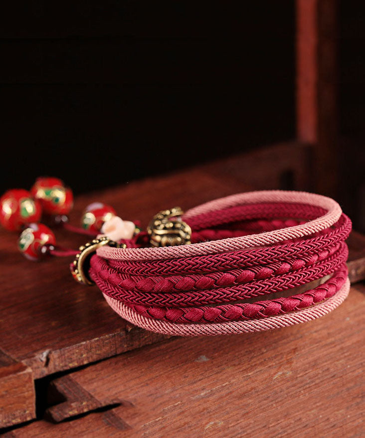 Red Hand Knitting Alloy Cloisonne Shell Flower Charm Bracelet
