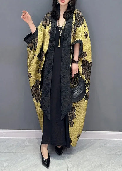 Chinese Style Yellow Patchwork Cotton Cardigan Batwing Sleeve