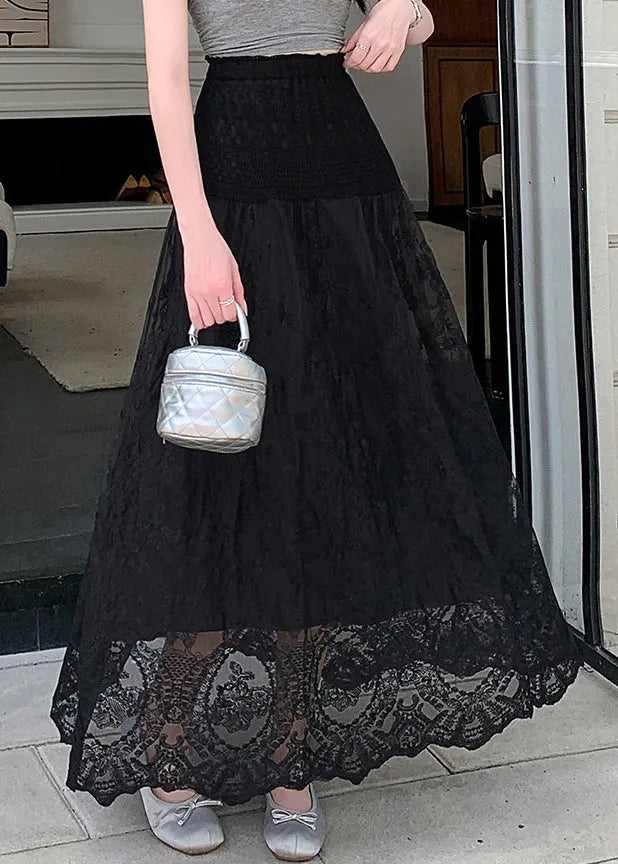 Black Lace Hollow Out Summer Tulle Skirts Elastic Waist