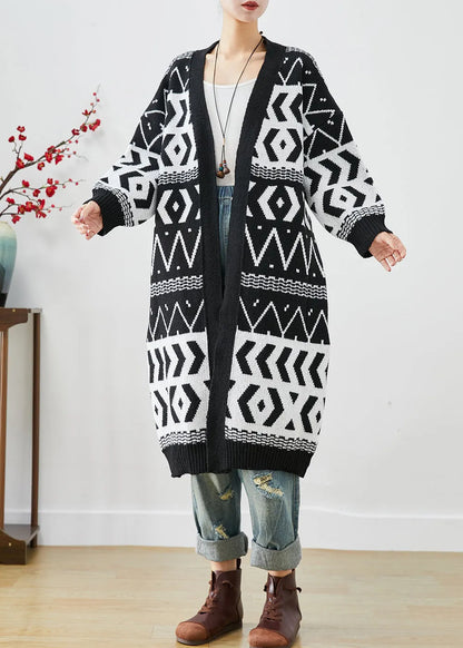 Black Oversized Print Knit Long Cardigans Fall