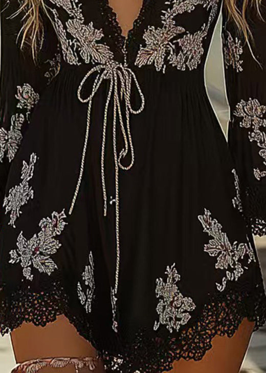 Black V Neck Print Lace Up Holiday Dress Fall