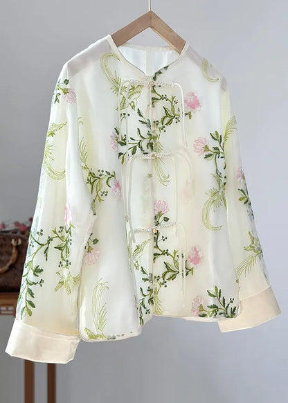 Green Embroidered Button Organza Shirts Fall