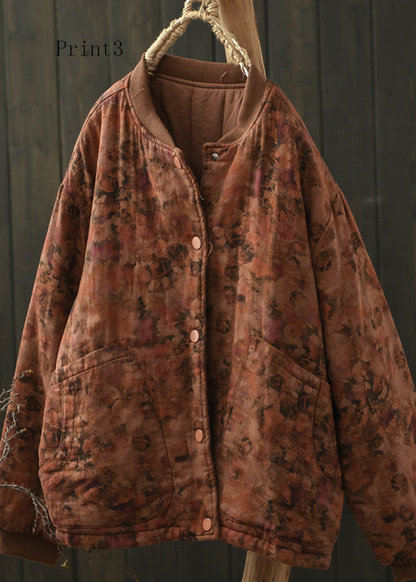 Stand Collar Pockets Print Fine Cotton Filled Coat Spring