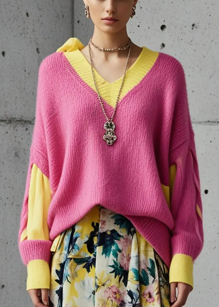 Pink Oversized Patchwork Knit Sweater Tops Fall