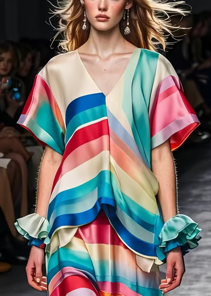 Rainbow V Neck Silm Fit Silk Long Dress Summer