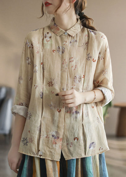 Stylish Khaki Wrinkled Print Ramie Linen Shirt Tops Spring