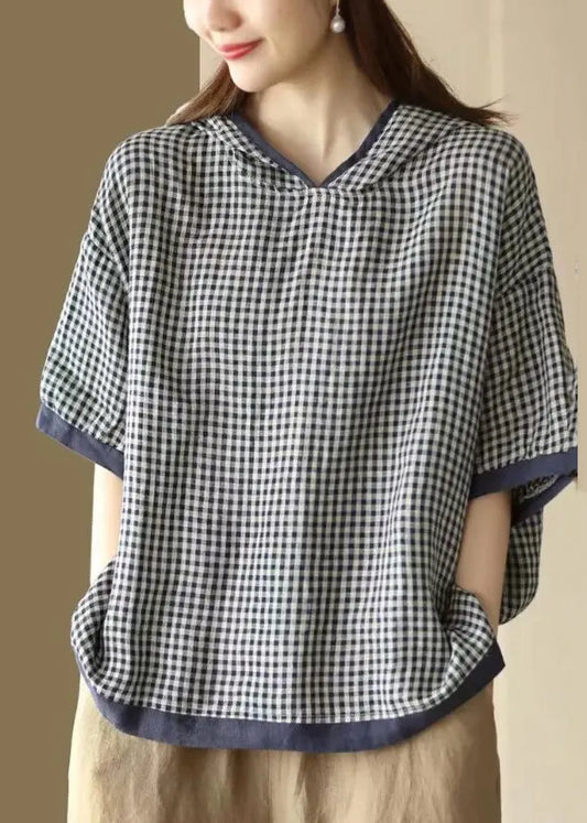 Navy Hooded Plaid Linen Shirt Tops Summer