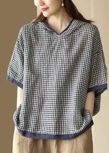 Navy Hooded Plaid Linen Shirt Tops Summer