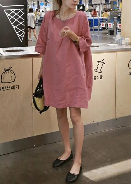 Style Pink Cotton Linen Outfit O Neck Cinched a Line Summer Dresses