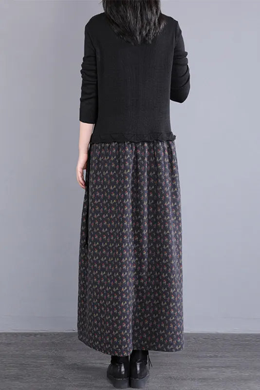 Fall Stitching Long Dress Retro Black Knitted Dress