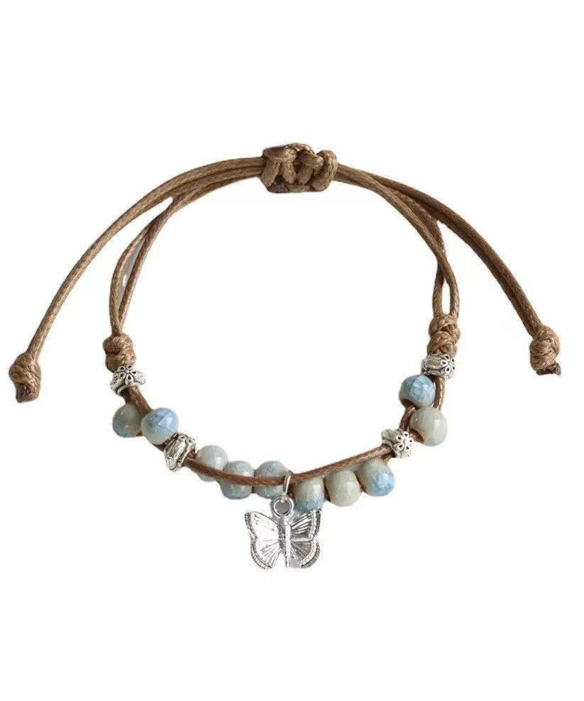 Alloy Weaving Ceramic Butterfly Charm Bracelet Two Piece Set