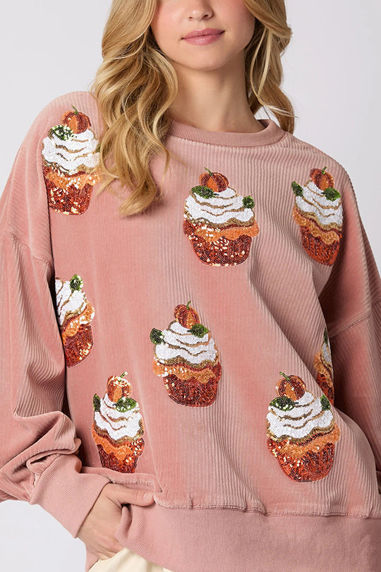 Christmas Pumpkin Pie Sequin Crew Neck Loose Sweatshirt