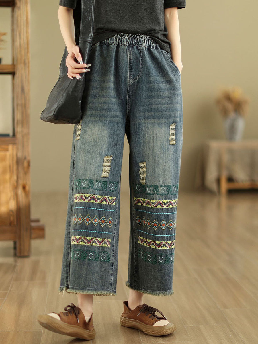 Summer Retro Embroidery Frayed Straight Denim Pants