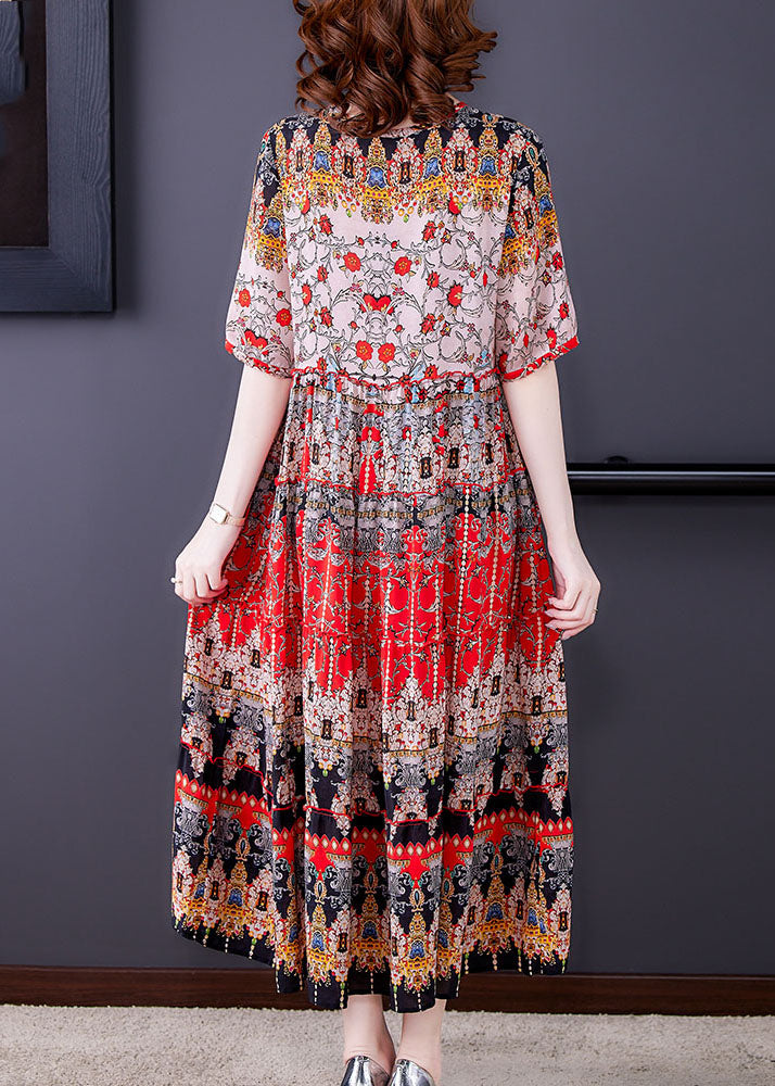Red V Neck Print Draping Chiffon Long Dresses Short Sleeve