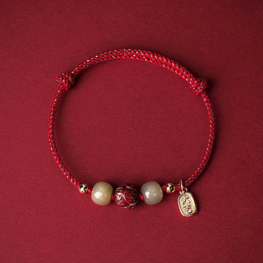 Buddha Stones 14k Gold Plated Hetian Jade Cinnabar Lotus Luck Handcrafted Rope Bracelet