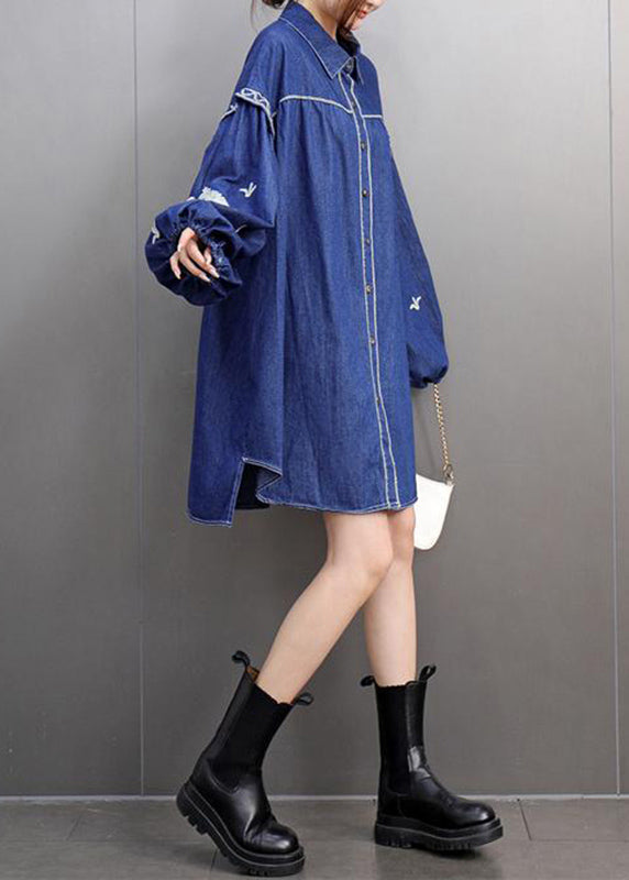 Blue Peter Pan Collar Embroidered Denin Long Shirts Lantern Sleeve