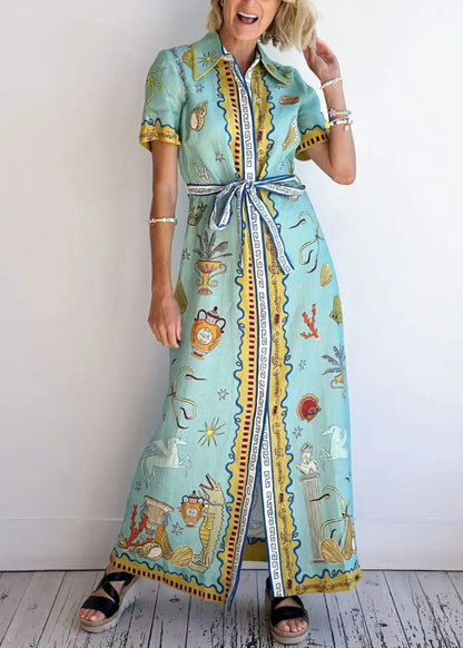 Style Blue Peter Pan Collar Print Lace Up Cotton Shirts Dress Summer