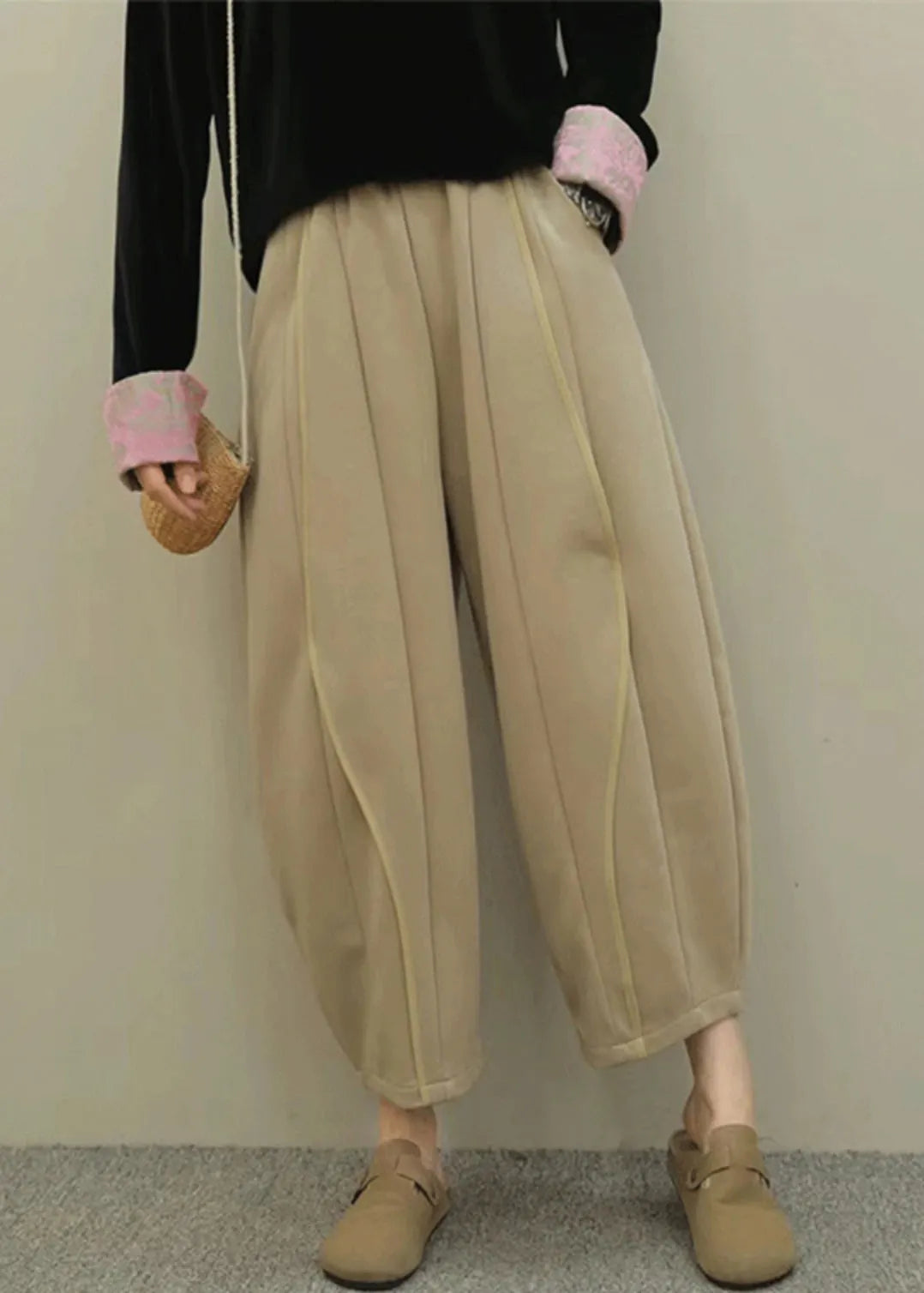Grey Pockets Elastic Waist Patchwork Cotton Pants Fall