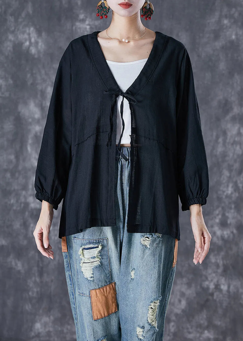Black Oversized Lace Up Linen Cardigan Fall