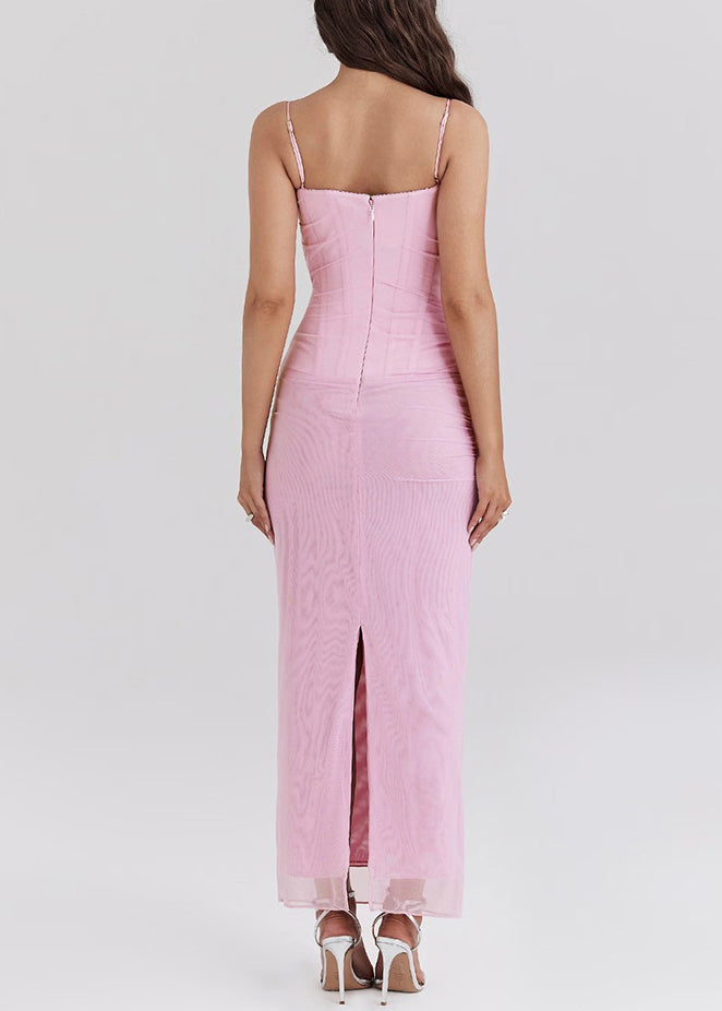 Pink Slim Fit Tulle Spaghetti Strap Dress Summer