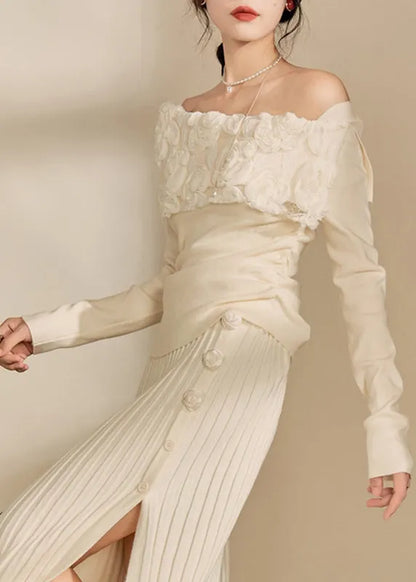 White Cold Shoulder Cotton Knit Sweaters Fall