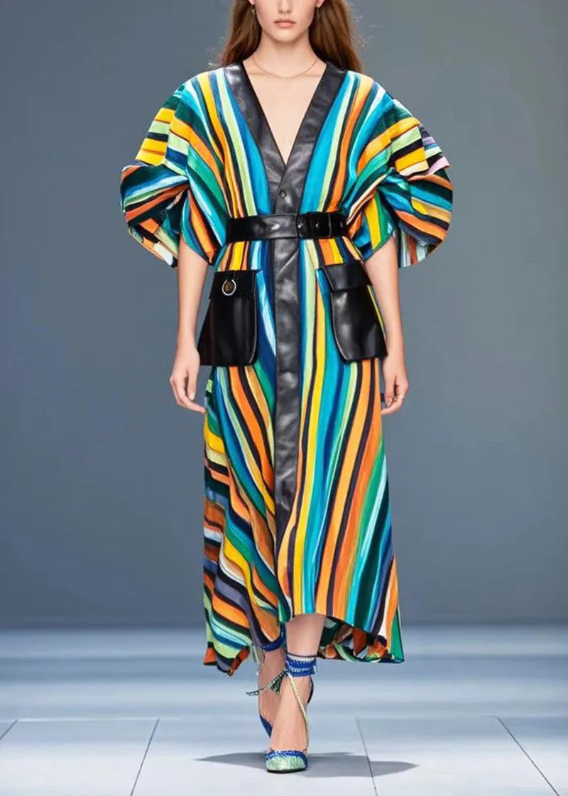 Rainbow Striped Patchwork Pockets Cotton Dress Puff Sleeve