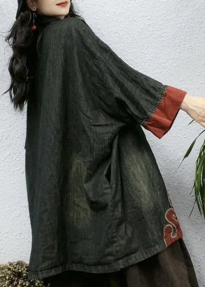 Black Embroidered Button Cotton Coat Bracelet Sleeve