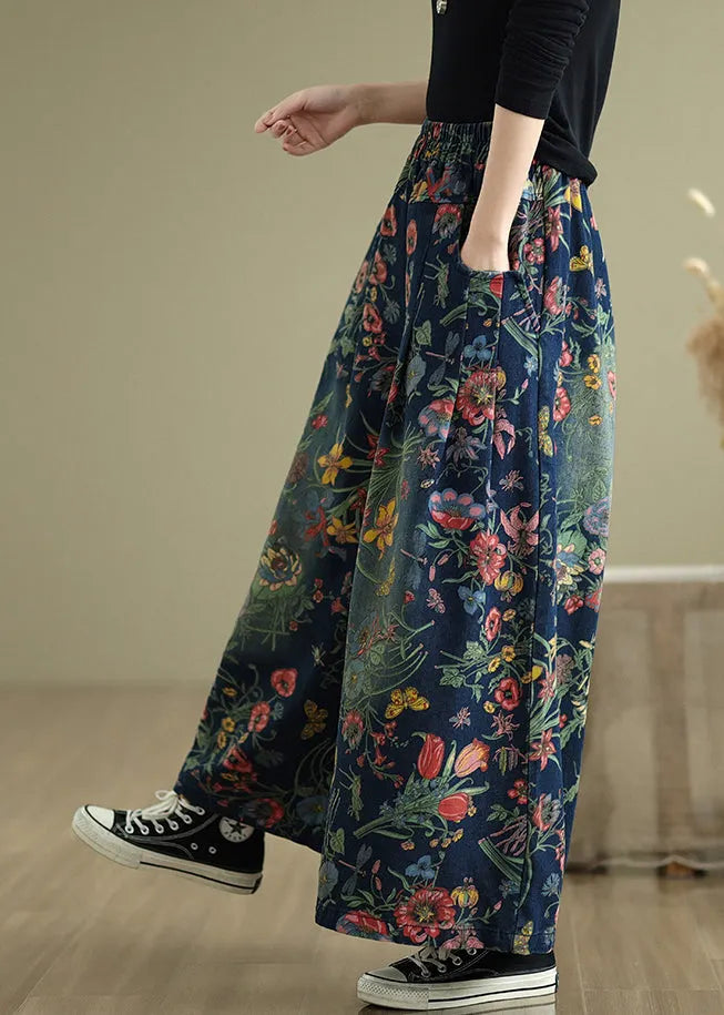 Navy Oversized Print Denim Wide Leg Pants Summer