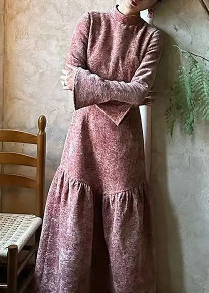 French Wrinkled Patchwork Cotton Long Dress Flare Sleeve