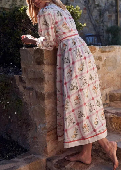 Peter Pan Collar Print Lace Up Cotton Maxi Dresses Summer