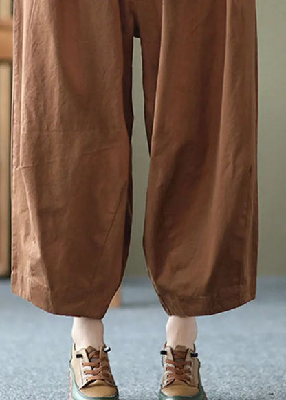 Dark Chocolate Elastic Waist Pockets Cotton Harem Pants Summer