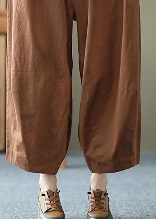 Dark Chocolate Elastic Waist Pockets Cotton Harem Pants Summer