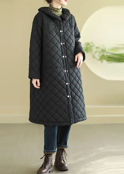 Black Oversized Plaid Fine Cotton Filled Puffer Jacket Winter