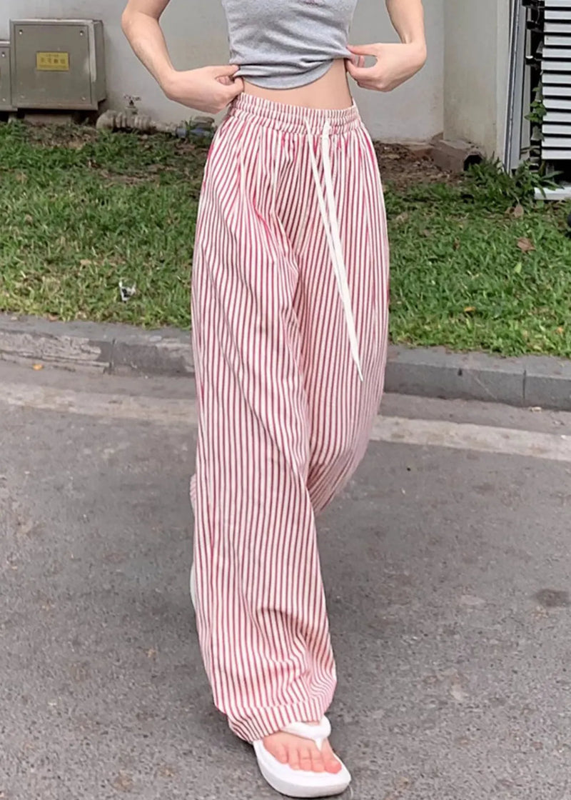 Blue Striped Elastic Waist Cotton Wide Leg Pants Summer