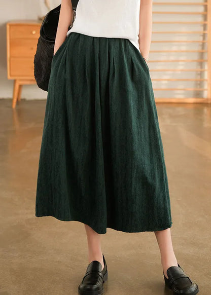 Blackish Green Elastic Waist Cotton Skirt