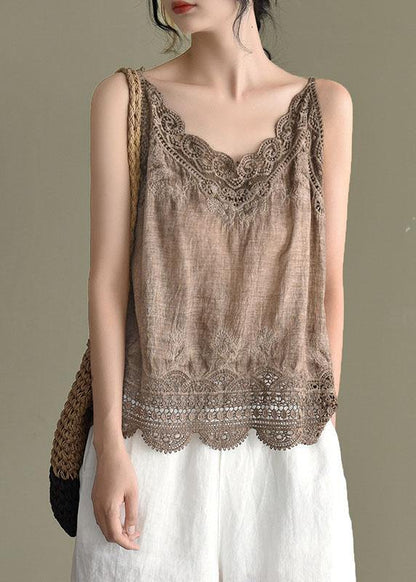 Pink Embroidered Lace Hollow Out Summer Cotton Vest Sleeveless