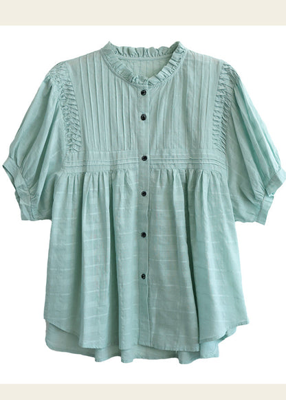 Lake Blue Cotton Loose Blouses Ruffled Summer