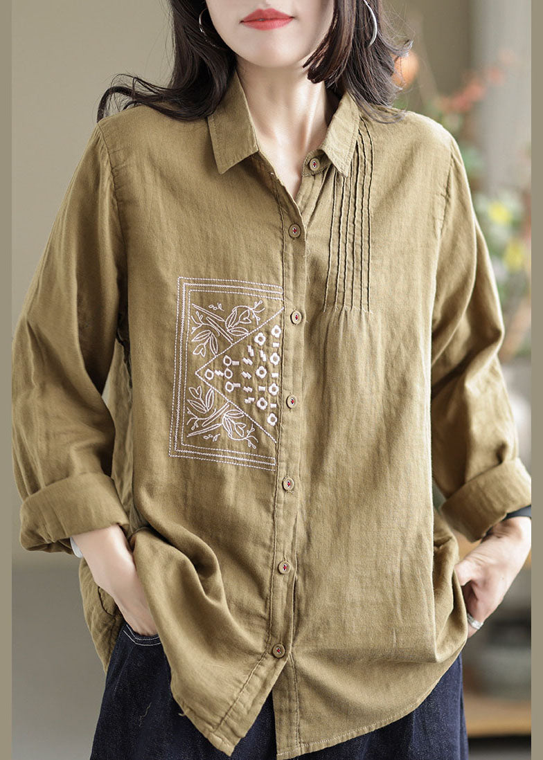 Khaki Lapel Embroidered Wrinkled Linen Shirt Tops Spring