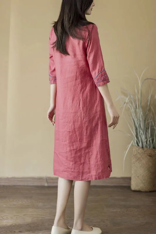 Summer Retro Five-quarter Sleeve Dress Cotton Linen Embroidered Long Dress